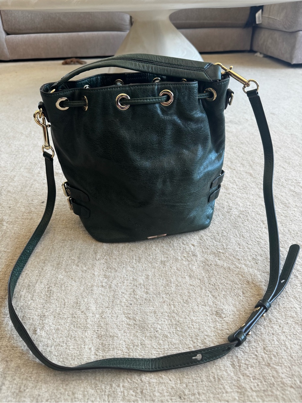 Rebecca Minkoff Dark Green Leather Bucket Bag with Gold Hardware